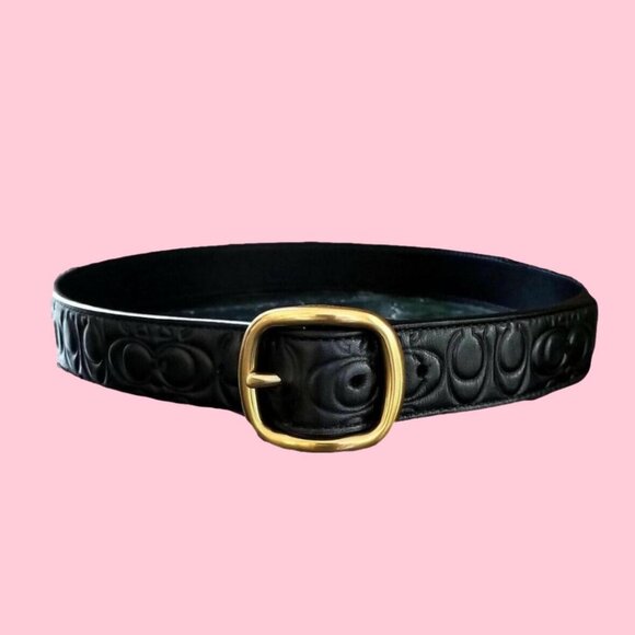Coach Monogram Signature Leather Logo Black & Gold Belt S M - Picture 1 of 10
